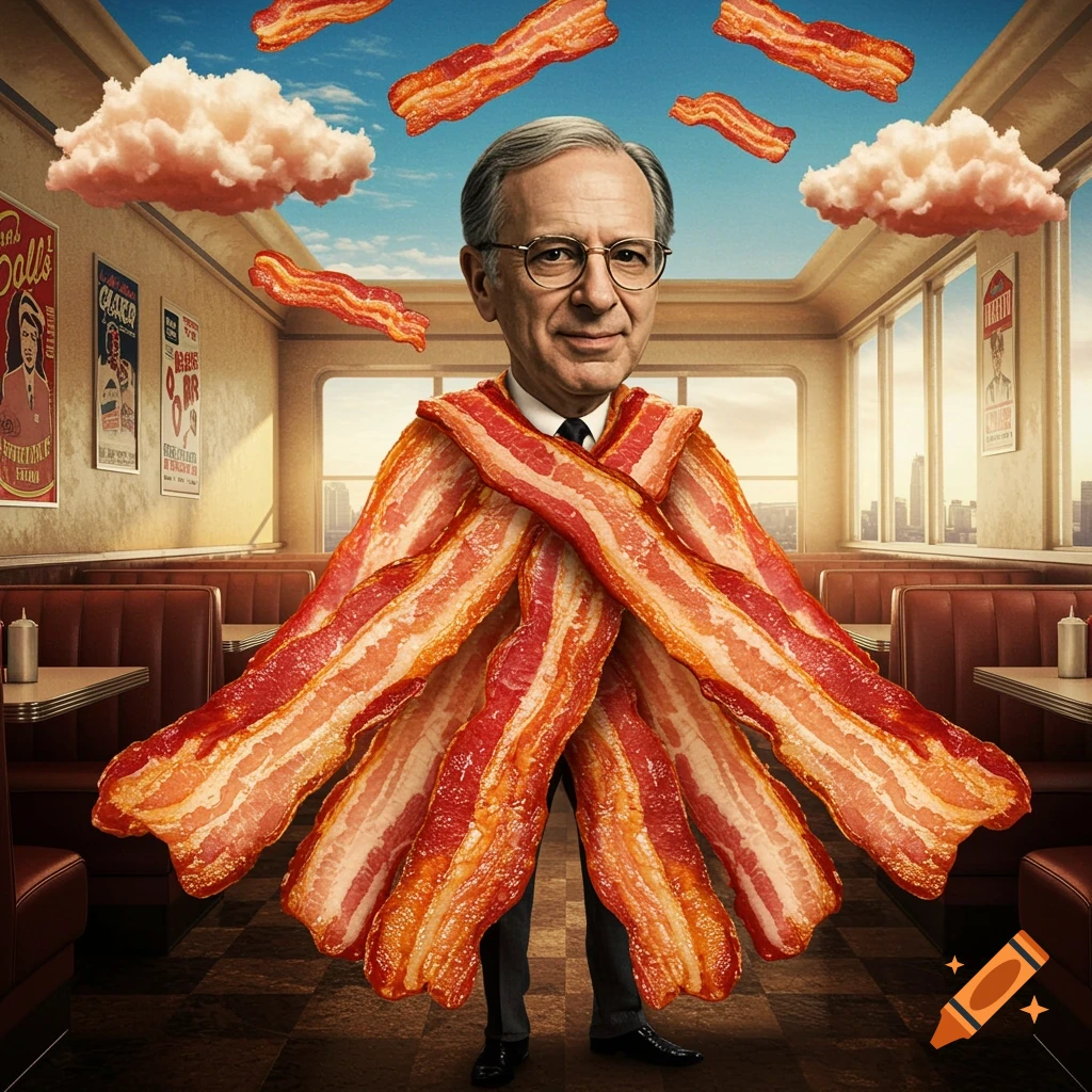 A man resembling Ralph Nader stands in a retro diner, covered in strips of bacon, with bacon floating in the sky in a photorealistic style.
