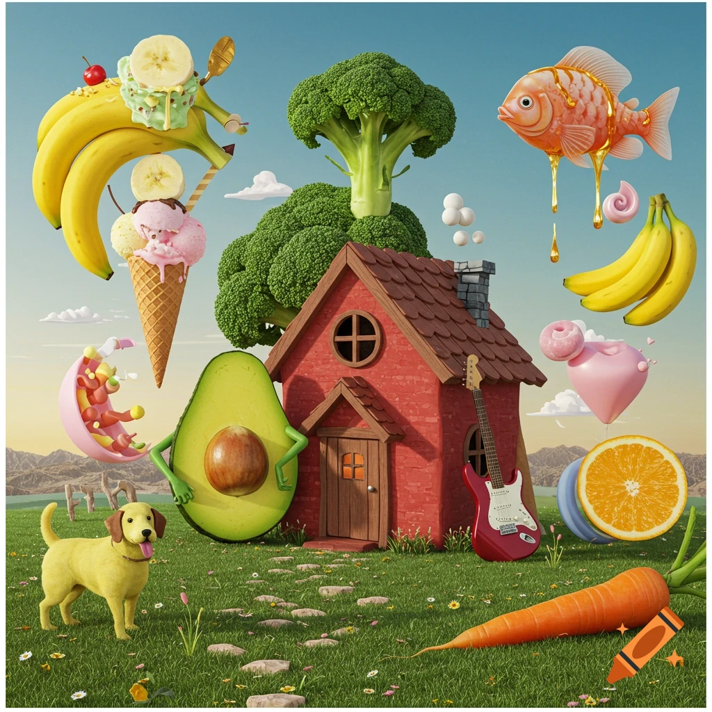 Whimsical 3D render of a surreal landscape with a red house, an anthropomorphic avocado, a broccoli tree, banana ice cream, a honey-dripping fish, a yellow dog, and a red guitar.