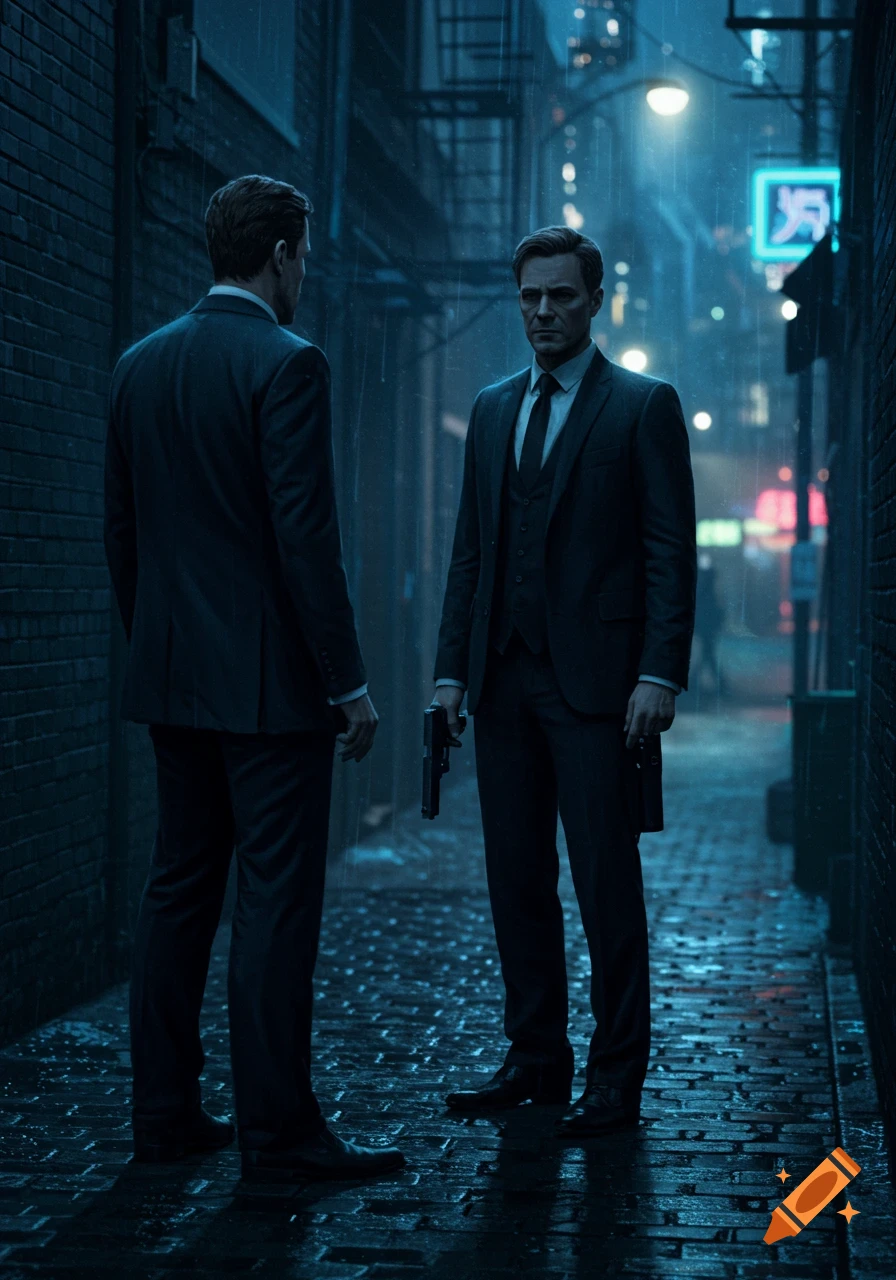 Two men in suits stand in a dark, rainy city alley. One holds a handgun. Photorealistic.
