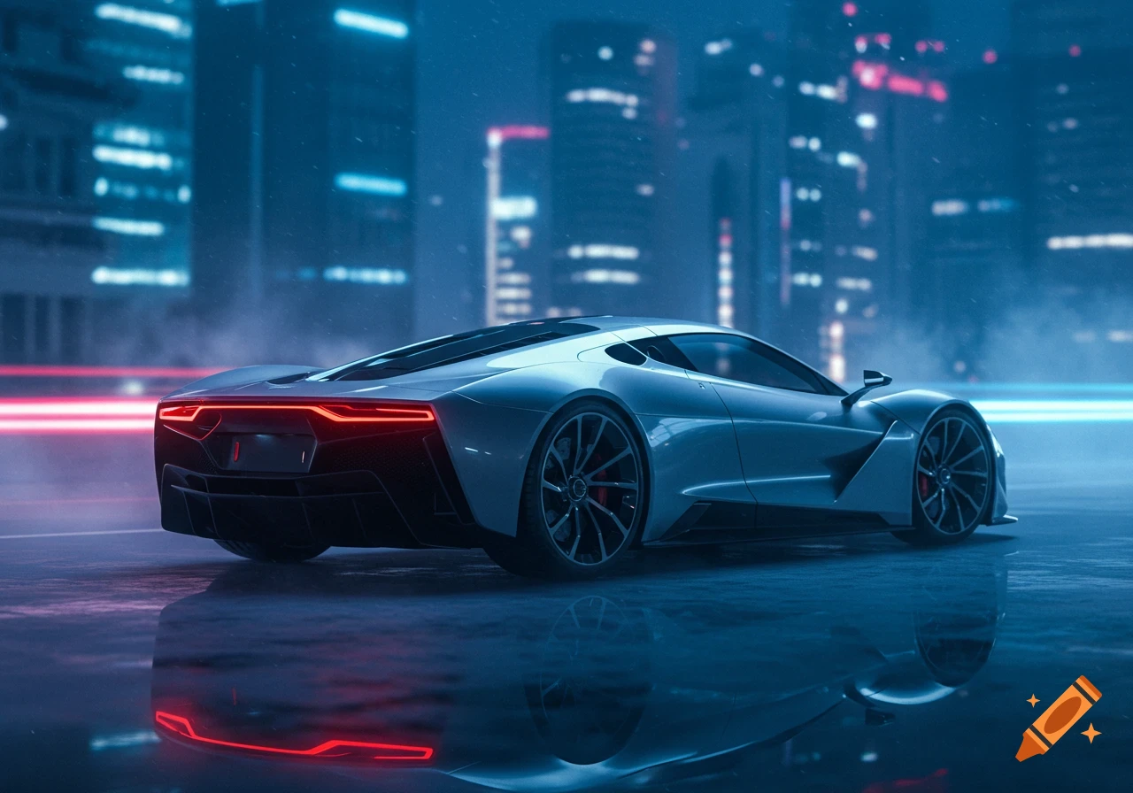 Photorealistic futuristic hypercar with red lights on a wet city street at night, reflecting neon cityscape.