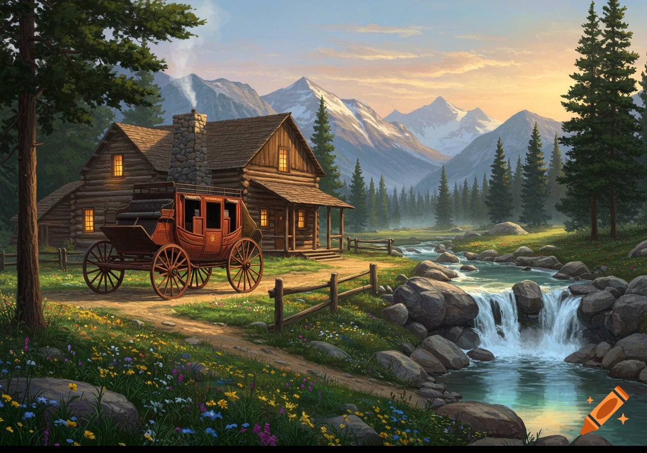 A rustic log cabin and red stagecoach beside a flowing mountain river with waterfalls, surrounded by forests and snow-capped mountains at sunset.