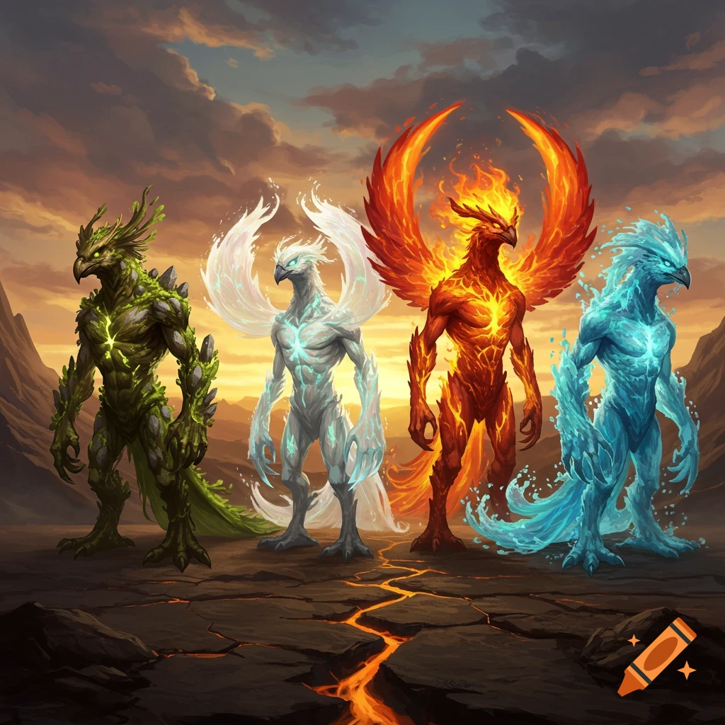 Four elemental bird-like humanoids of earth, wind, fire, and water stand on cracked ground under a sunset sky.
