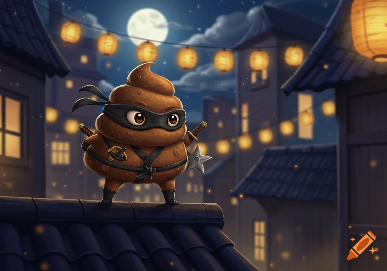 A cartoon poop ninja character with a mask, shuriken, and katana stands on a rooftop under a full moon.