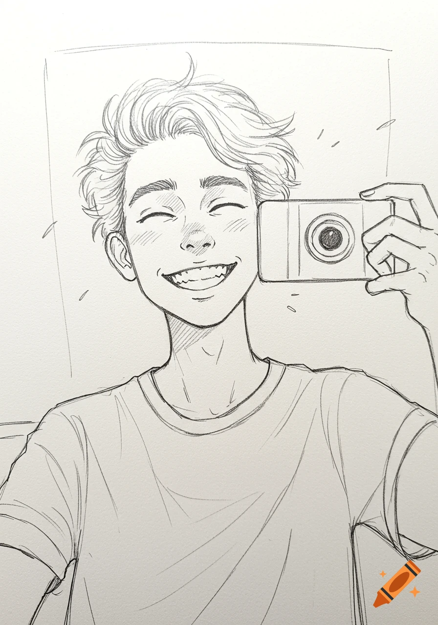 A simple sketch of a smiling person with messy hair taking a selfie with a camera.