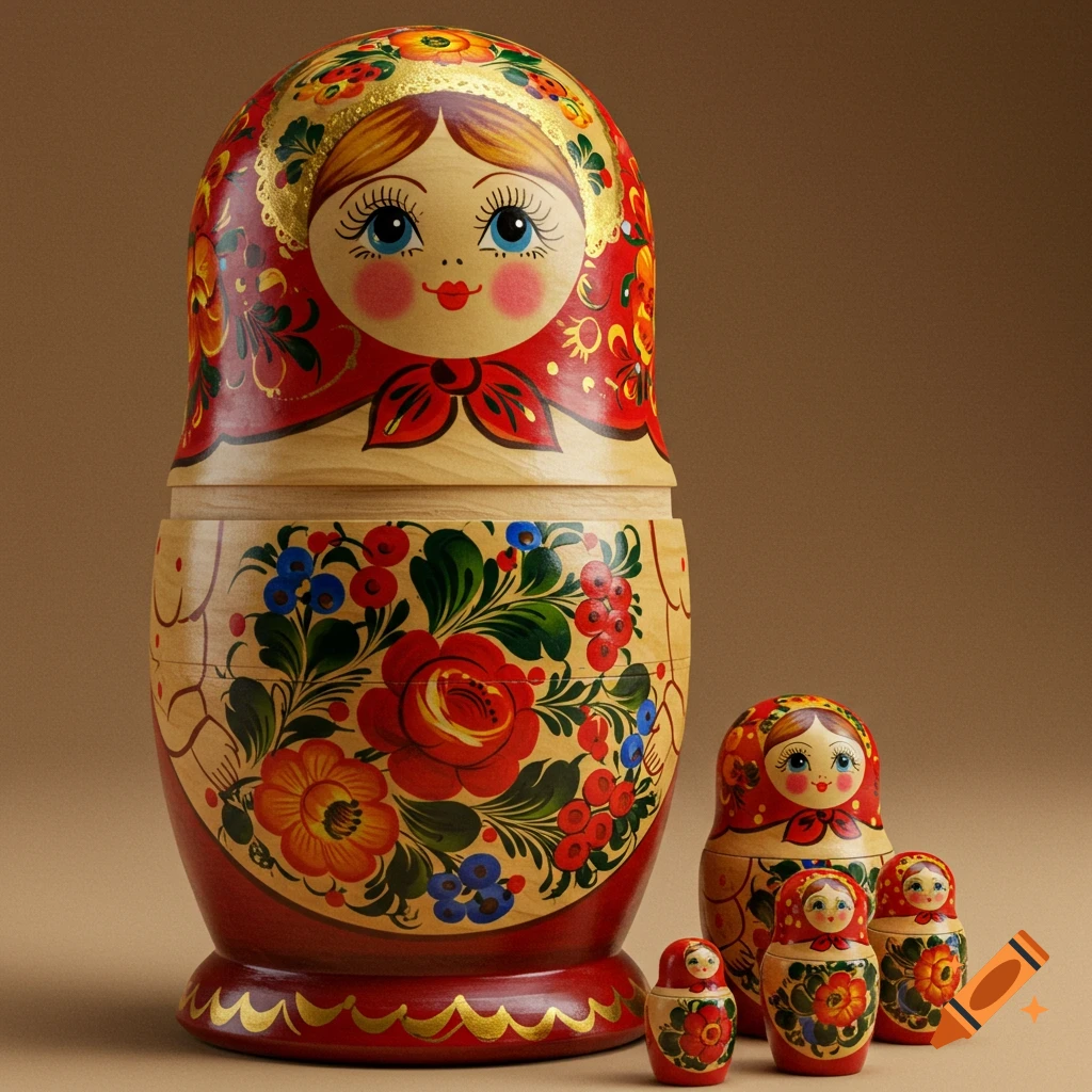 A large and four smaller colorful Russian nesting dolls with floral designs on a plain background.