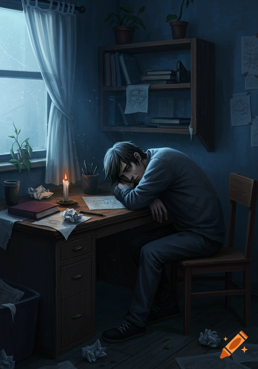 A man with dark hair rests on a desk in a dimly lit room with a window, a lit candle, and crumpled papers, depicting boredom or sadness.