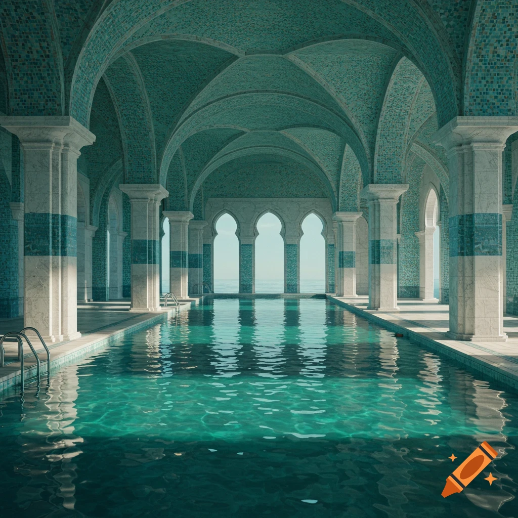 Grand indoor swimming pool with teal mosaic arched ceilings, white columns, and windows opening to the ocean.