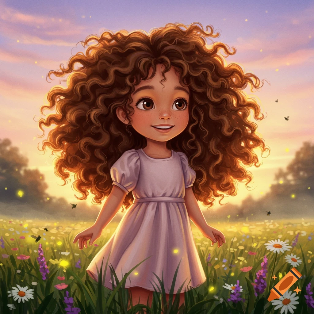 Stylized illustration of a cute girl with curly hair smiling in a flowery meadow at sunset with fireflies.