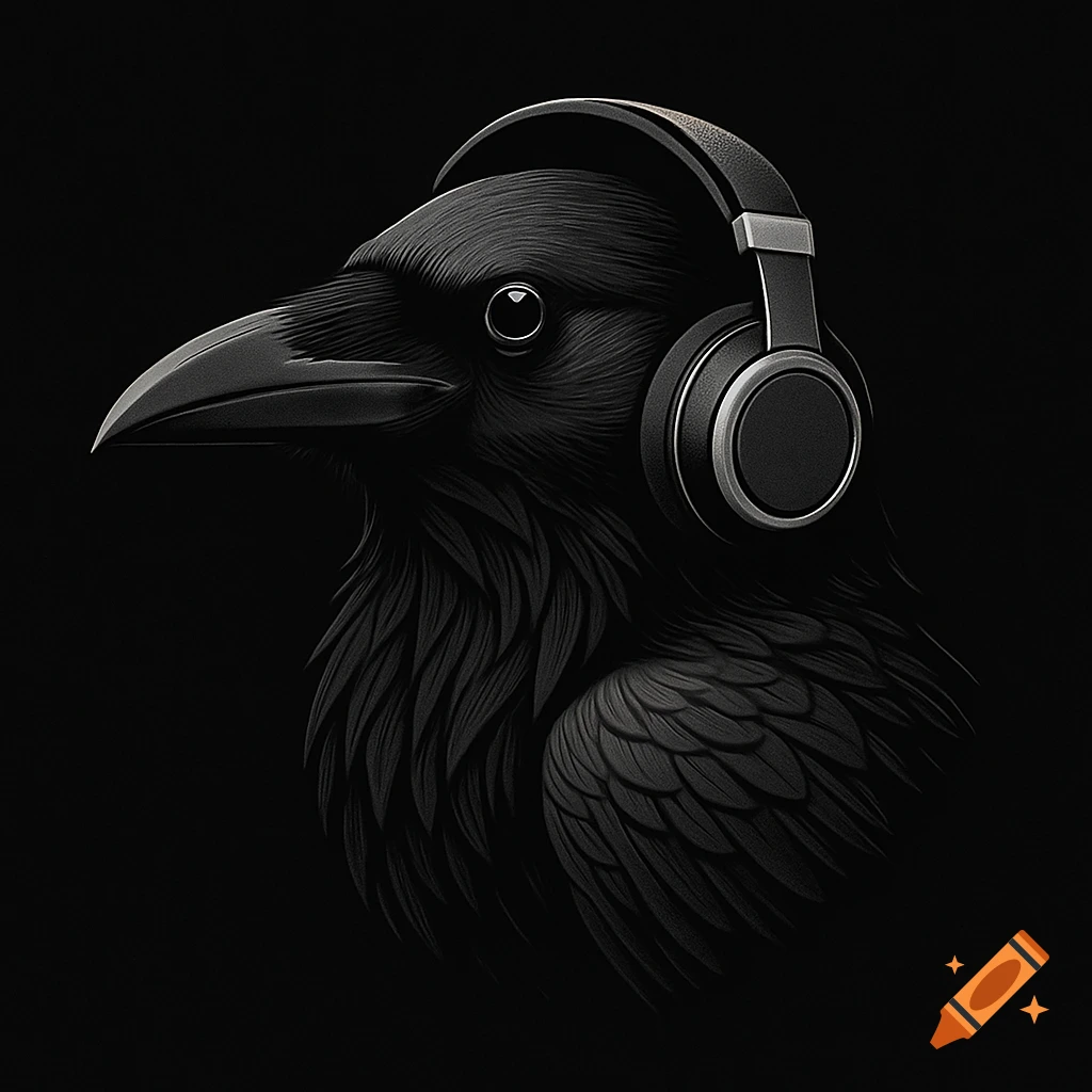 Close-up of a black raven in profile wearing silver and black headphones against a dark background.