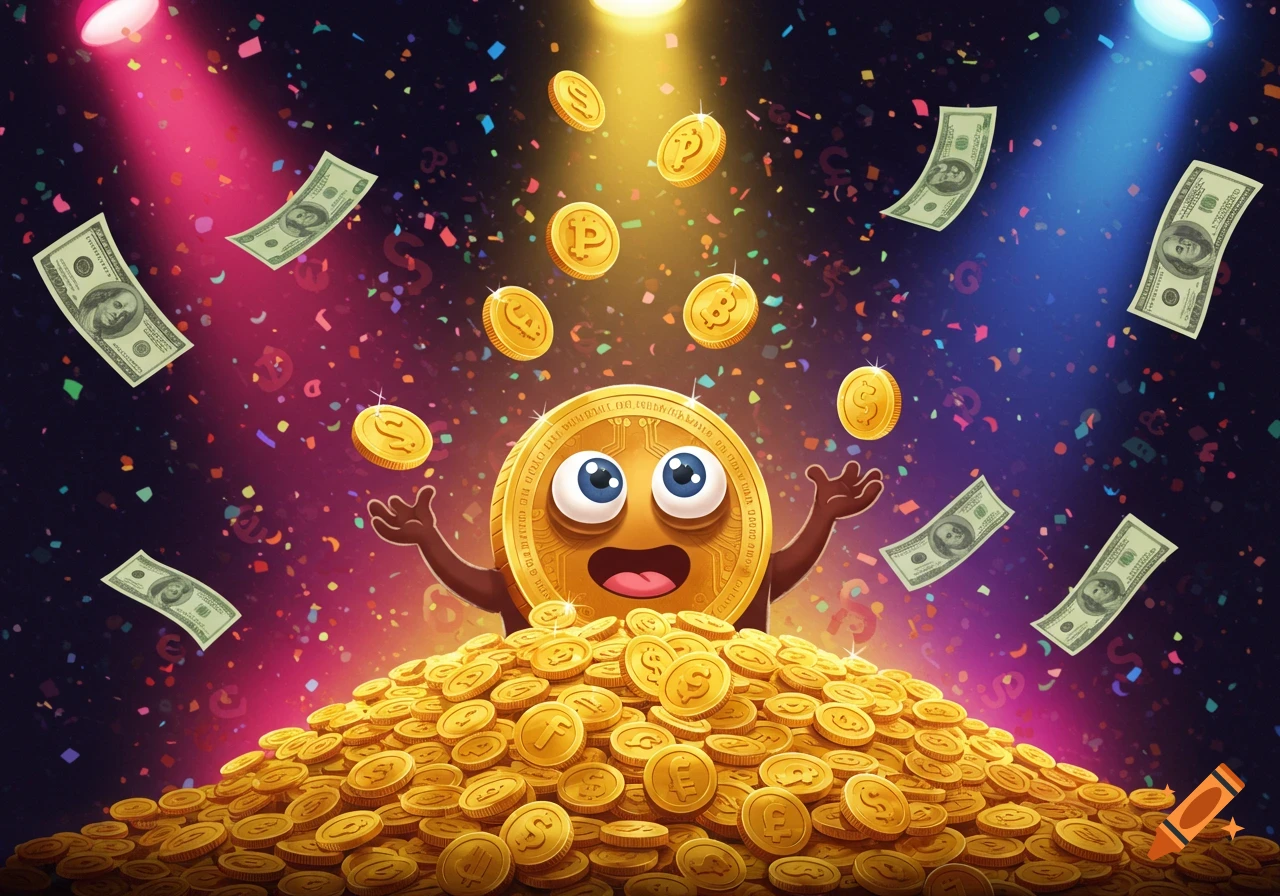 A happy cartoon coin character stands on a pile of gold coins, surrounded by falling dollar bills, gold coins, and colorful confetti under spotlight.