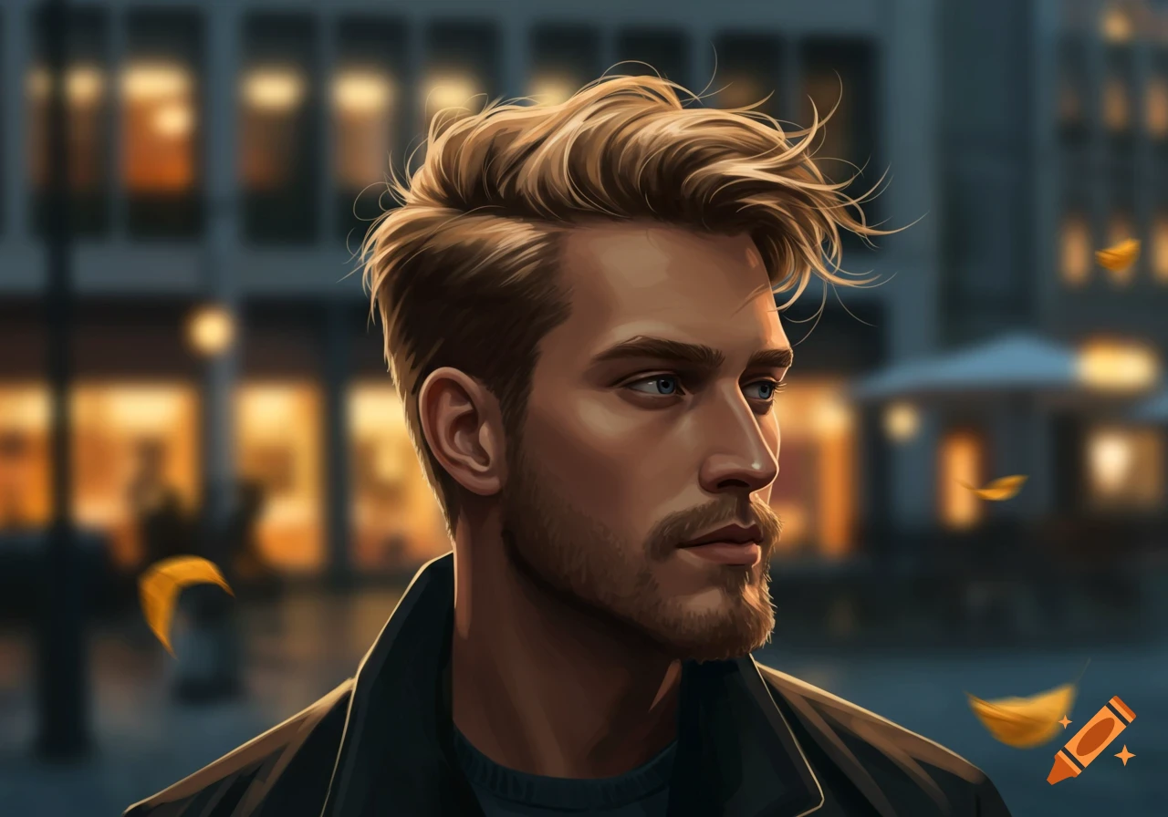 Digital painting of a man with blonde hair and beard, looking right against a blurred city lights background.