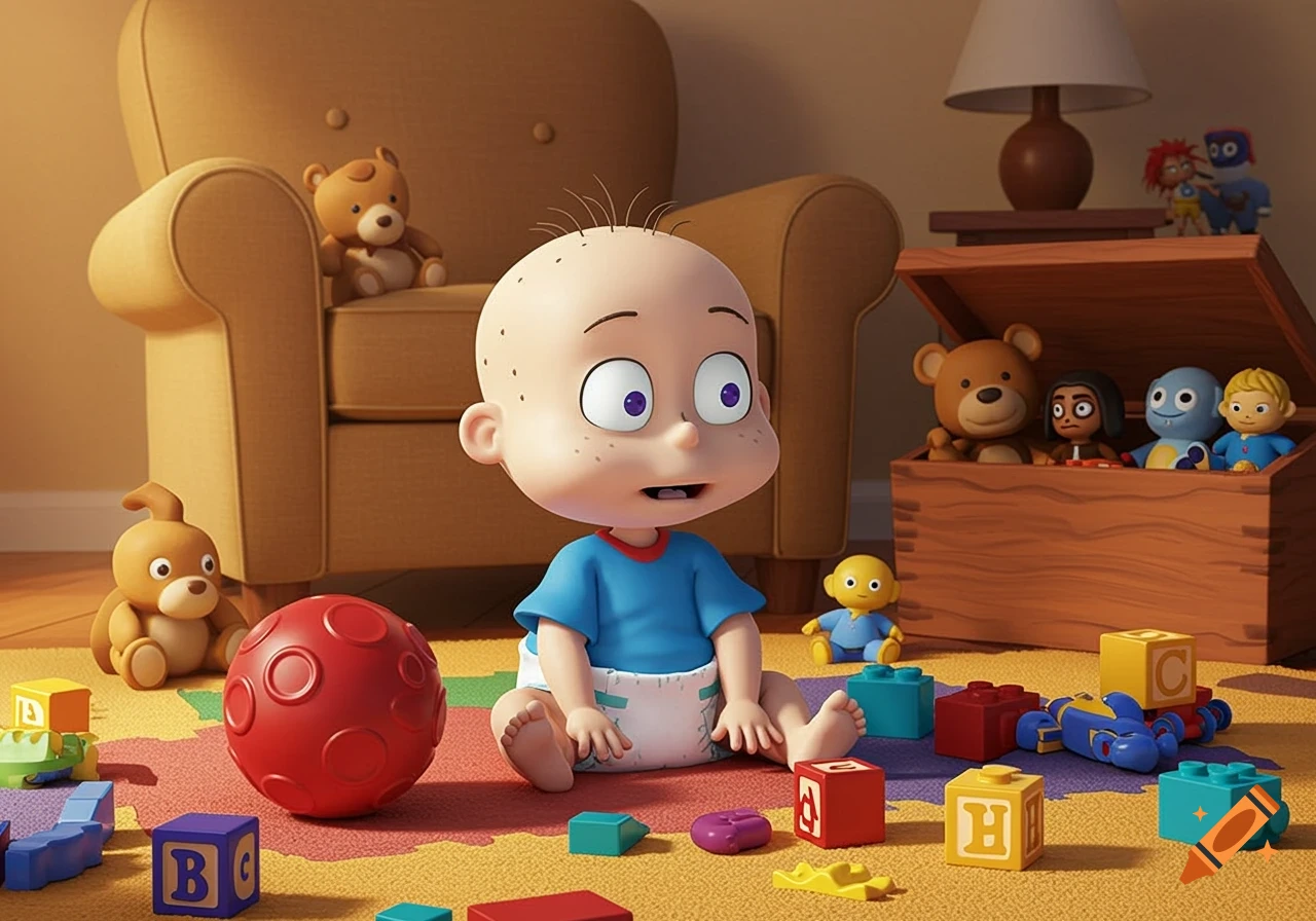 A 3D animated baby resembling Tommy Pickles sits on a colorful playmat, surrounded by building blocks and other toys in a cozy room.