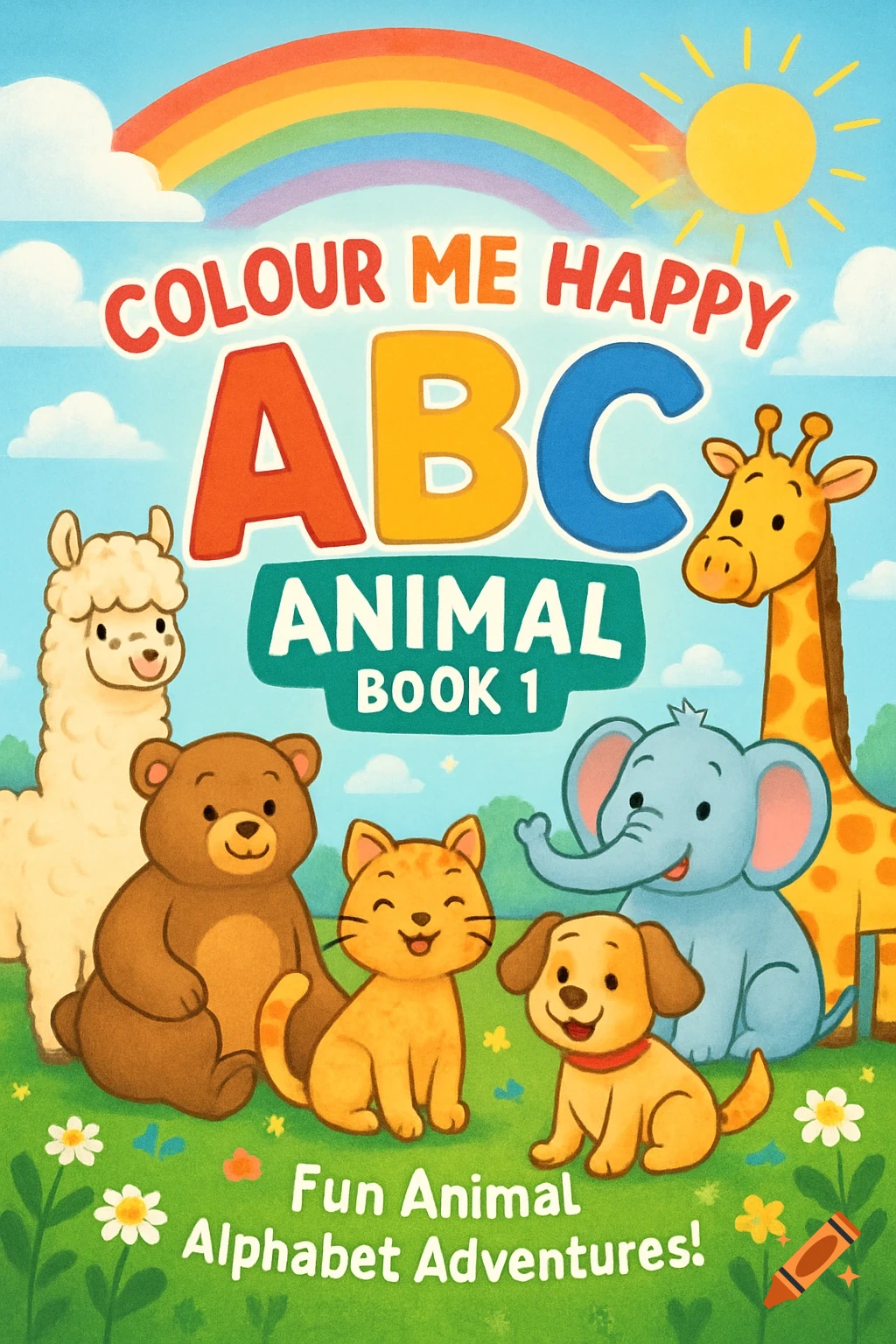 A colorful children's book cover featuring cartoon animals including a llama, bear, cat, dog, elephant, and giraffe. Large rainbow-colored ABC letters form part of the title "Colour Me Happy ABC Animal Book 1" with a subtitle "Fun Animal Alphabet Adventures!". The background is a bright sky with a rainbow and sun, and a grassy field with flowers.