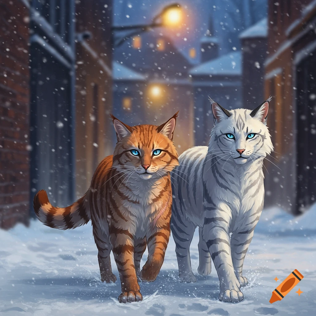 Two illustrated cats, one orange striped and one white striped, walk through a snowy alley at night under glowing street lamps.