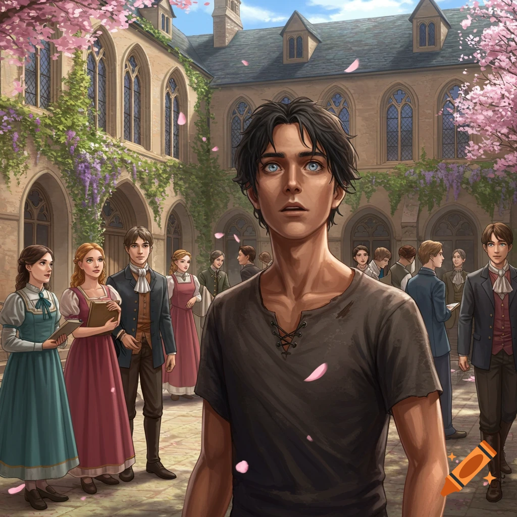 A dark-haired young man with light blue eyes looks up in wonder in the courtyard of a medieval-style school, surrounded by other students and pink petals.