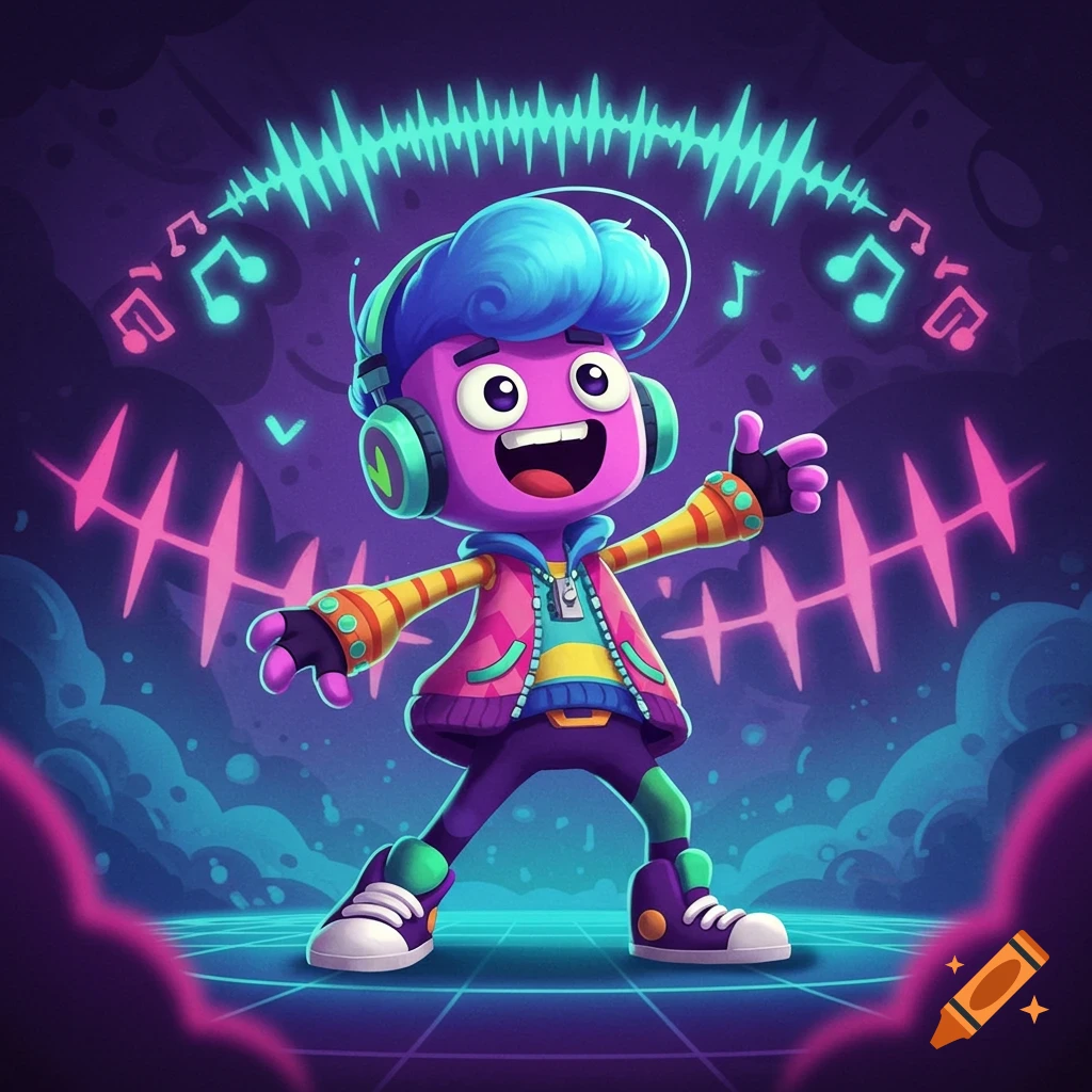 A vibrant cartoon character with blue hair, purple skin, and headphones dances amidst neon sound waves and musical notes in a glowing synthwave environment.
