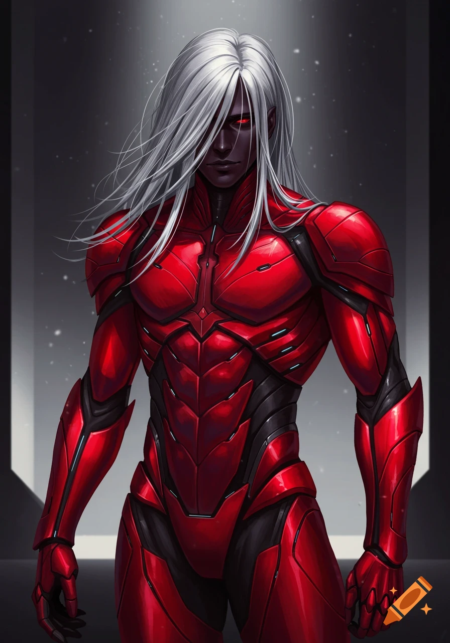 Anime man with dark skin and long gray hair covering his eyes, wearing a red armored suit.