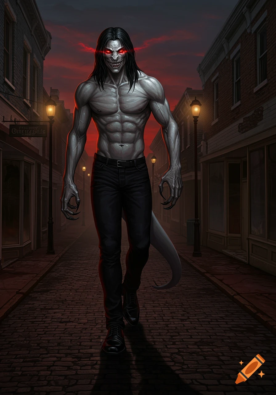 A muscular, pale-skinned reptilian humanoid with long black hair, sharp teeth, and glowing red eyes, walks shirtless down a cobblestone street in a dark, creepy town at dusk.