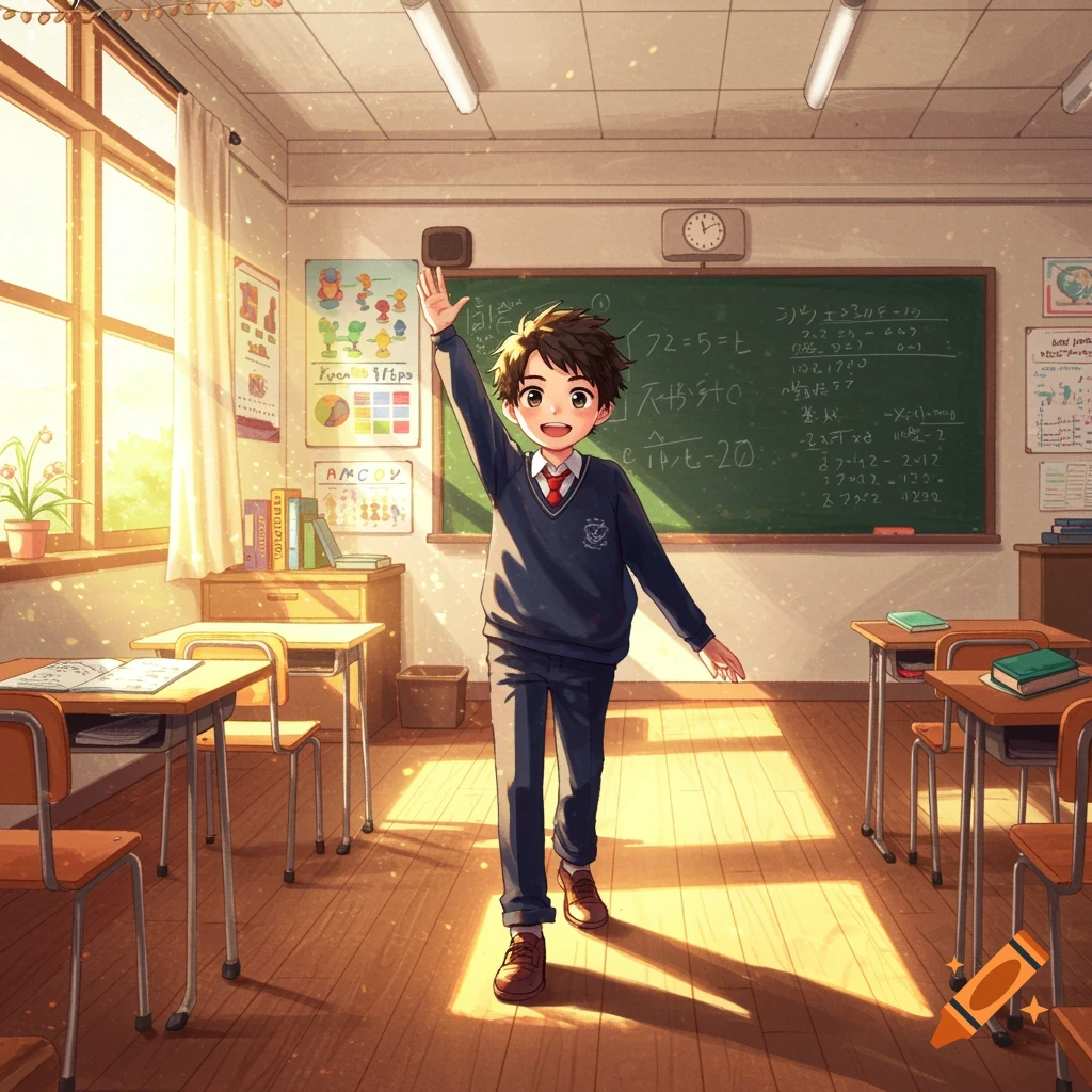 An anime-style boy in a school uniform raises his hand in a sunlit classroom.