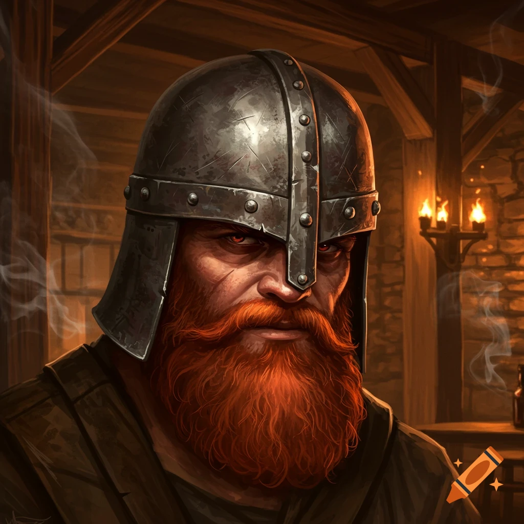 A stern, red-bearded man with glowing eyes wears a metal helmet in a torch-lit tavern. Fantasy art style.