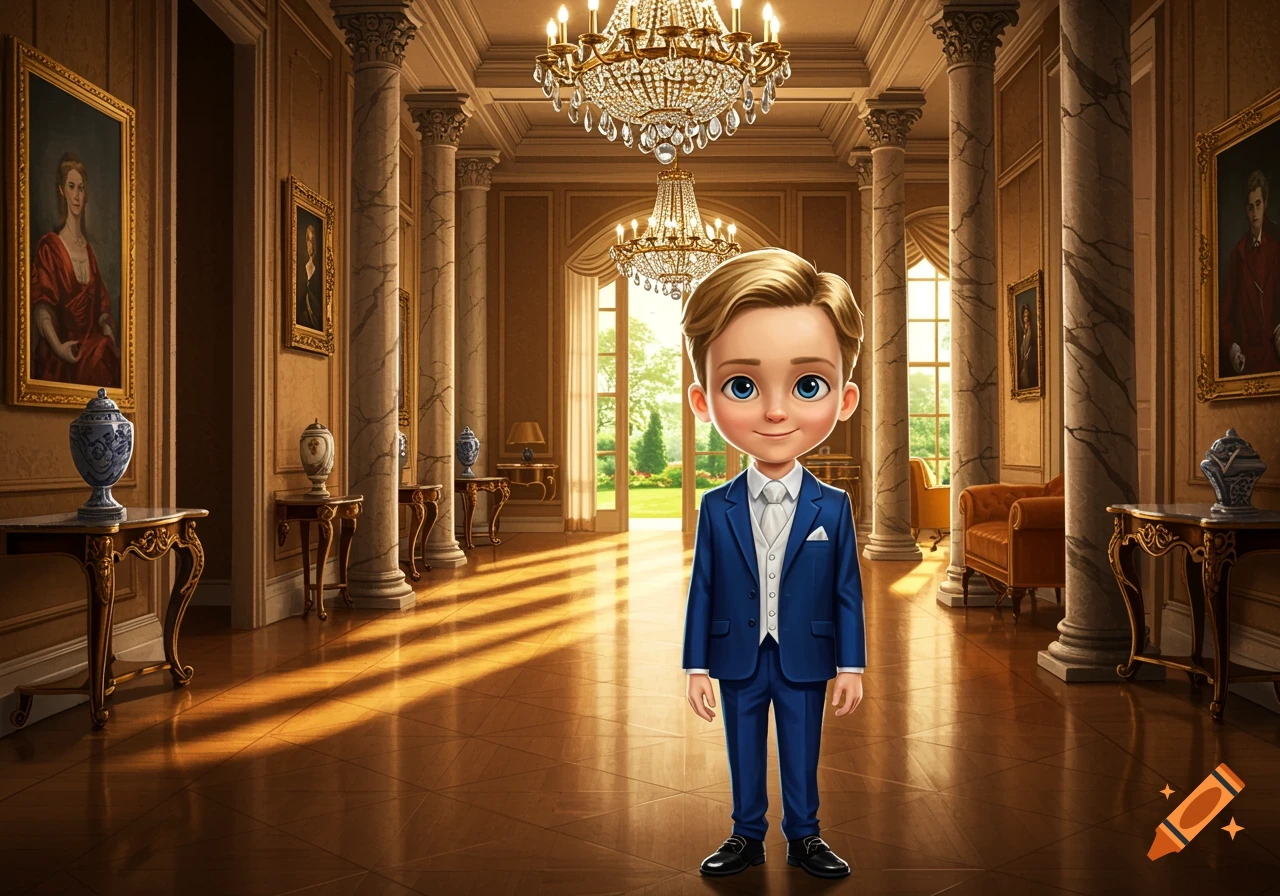 A cartoon boy in a blue suit stands in the center of a grand, luxurious mansion hall with chandeliers, marble columns, and large paintings.