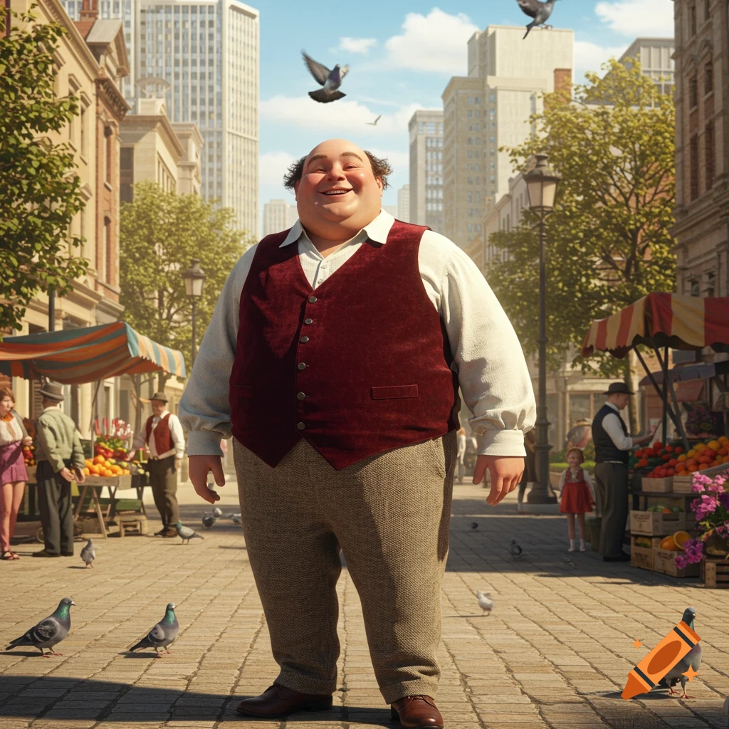 A cheerful, corpulent man in a red vest stands smiling in a bustling city street market with pigeons and tall buildings.