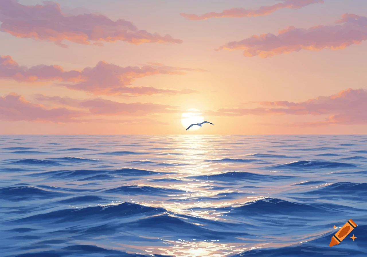 A serene painterly illustration of a seagull flying over a calm ocean at sunset, with golden light reflecting on the water.