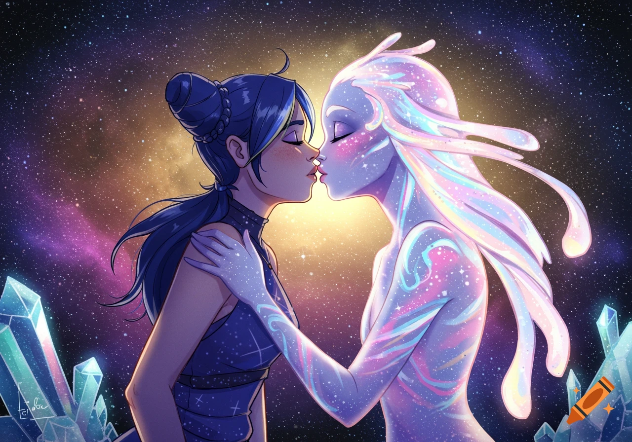 Anime illustration of a dark-haired woman and a glowing, ethereal alien kissing in a cosmic starry landscape with crystals.