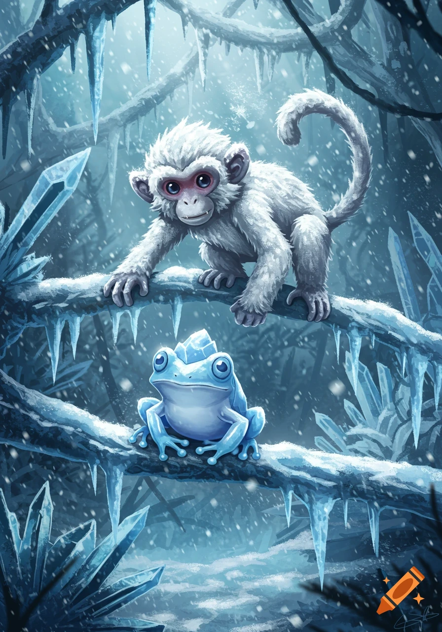 A white monkey and a blue frog perch on icy branches in a snowy, frozen forest, illustrated.