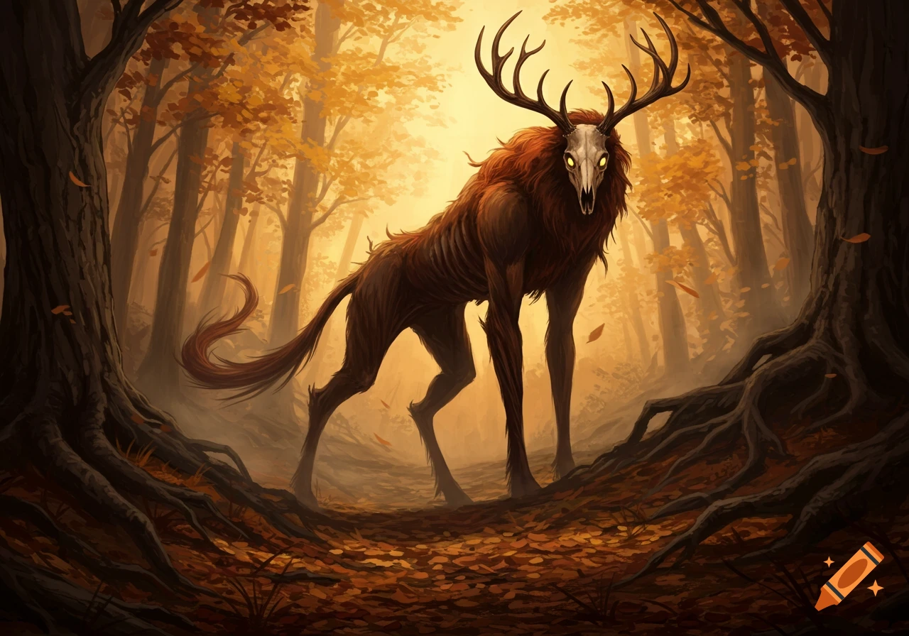 A gaunt, antlered wendigo with a skull-like face and glowing eyes stands in a misty, autumn forest with fallen leaves. Digital art.