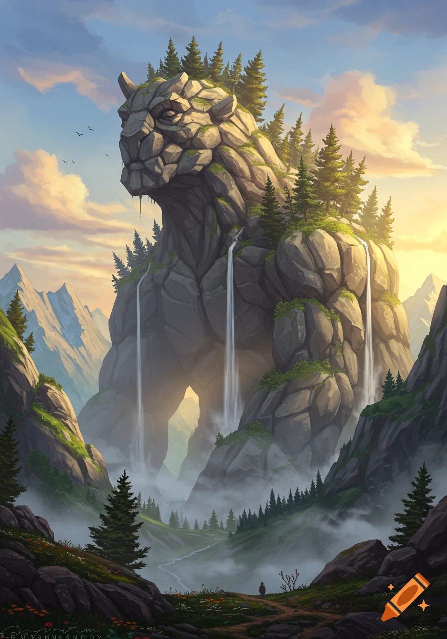 Majestic mountain landscape featuring a colossal rock formation shaped like a horned creature, with waterfalls cascading into a misty valley.