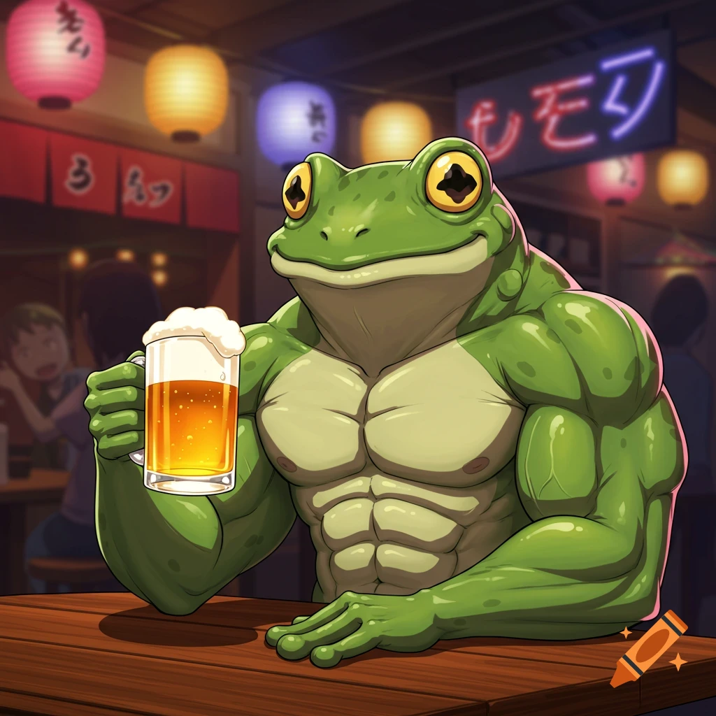 A buff green frog drinking a mug of beer in an anime-style bar setting.