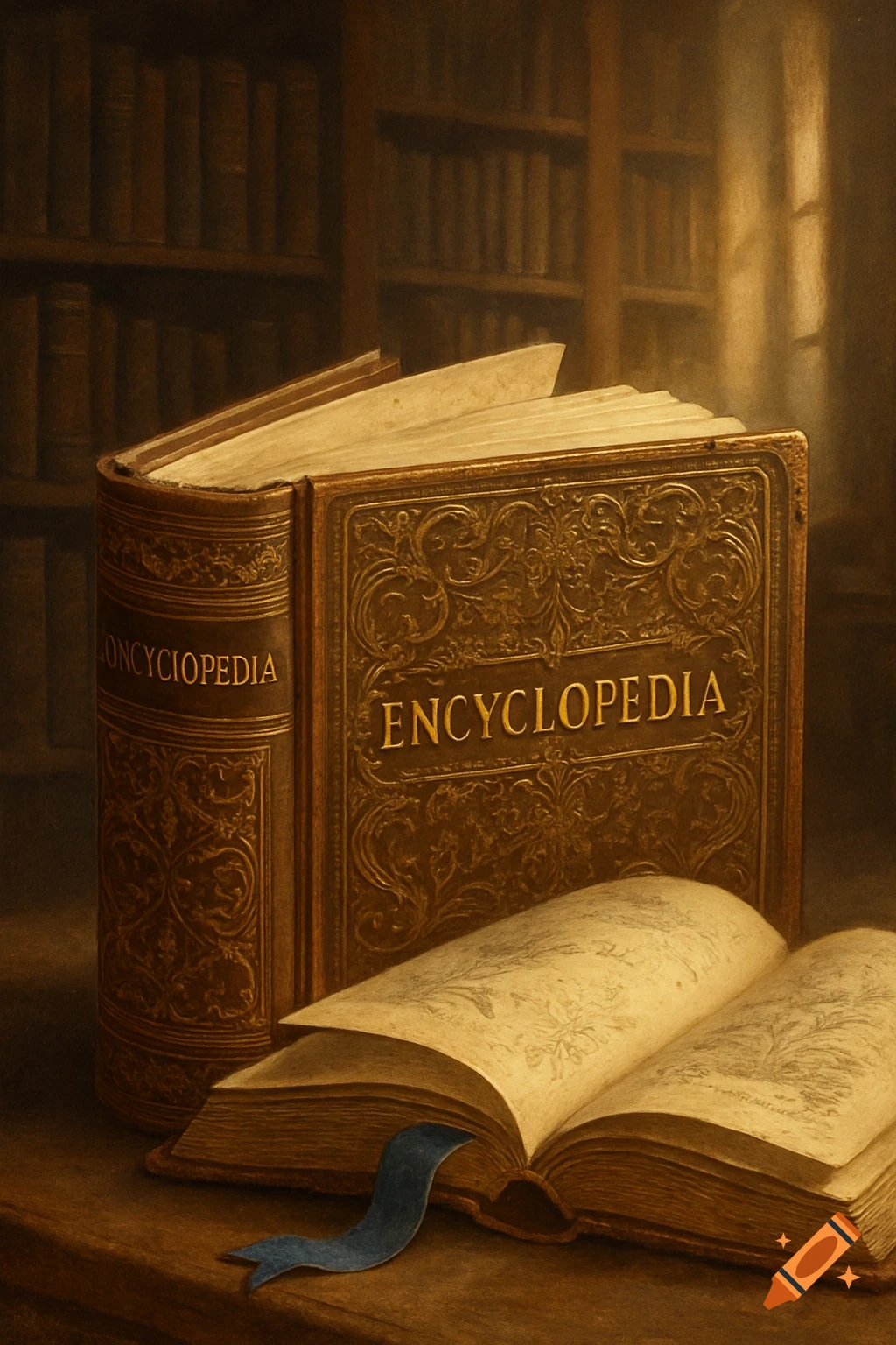 A large, ornate, vintage-style encyclopedia sits open on a wooden desk with a blue ribbon bookmark, in a dimly lit library.