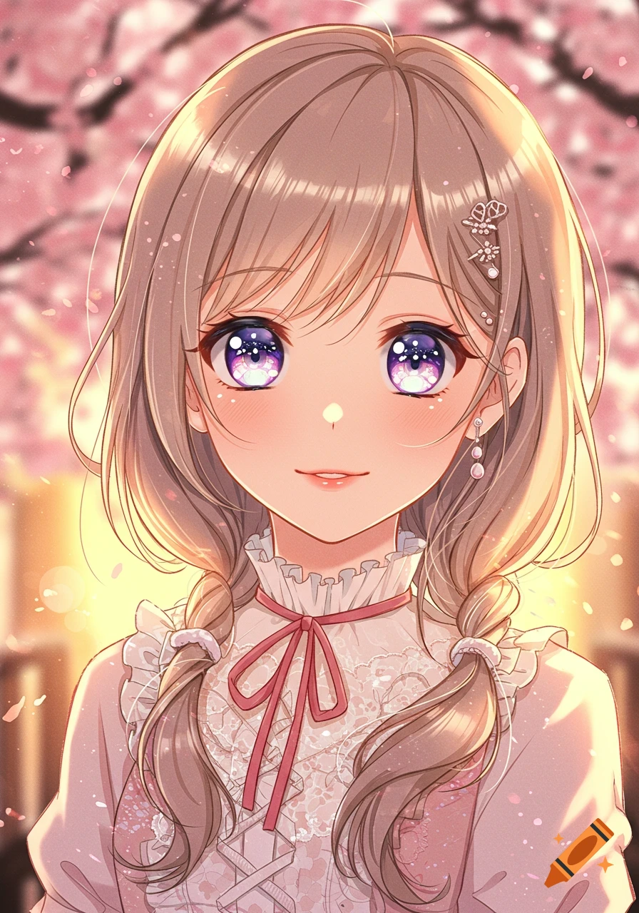 Anime portrait of a cute girl with large purple eyes, light brown hair in pigtails, wearing a white ruffled dress with a pink bow, against a soft-focus cherry blossom background.