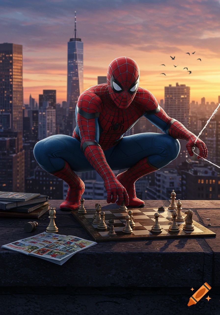 Spider-Man in his red and blue suit crouches on a city rooftop, playing chess with a dramatic sunset and skyline behind him. Photorealistic art.