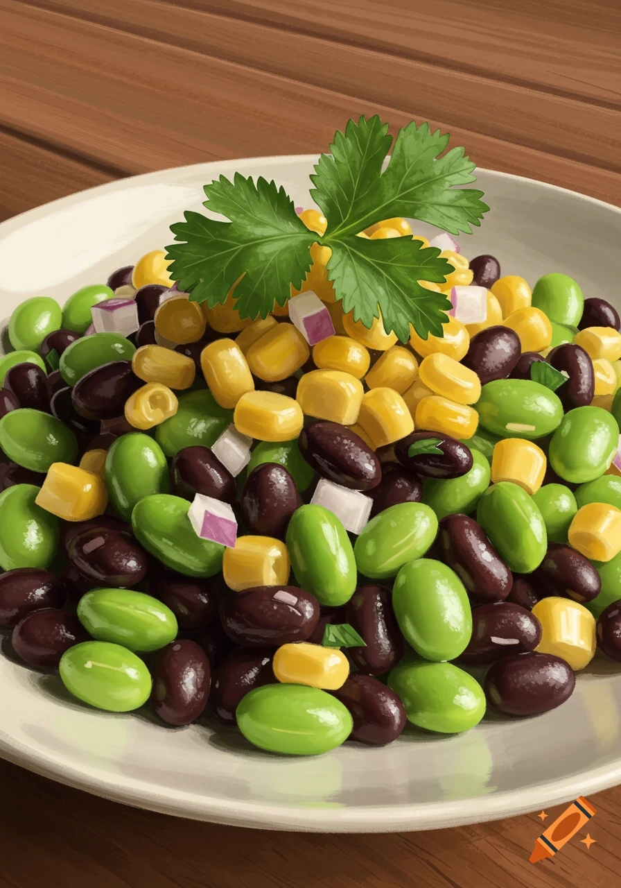 An illustrated salad on a white plate, featuring black beans, edamame, corn, and red onion, topped with cilantro on a wooden table.