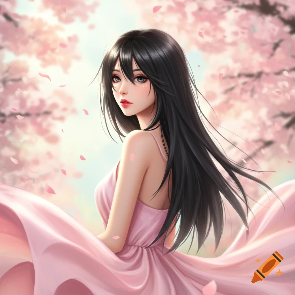 Anime girl with long black hair in a pink dress, looking back over her shoulder amidst falling pink cherry blossoms.