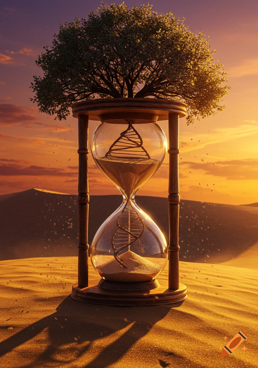 A conceptual image of an hourglass with a tree growing from its top and a DNA spiral inside, set in a desert at sunset.