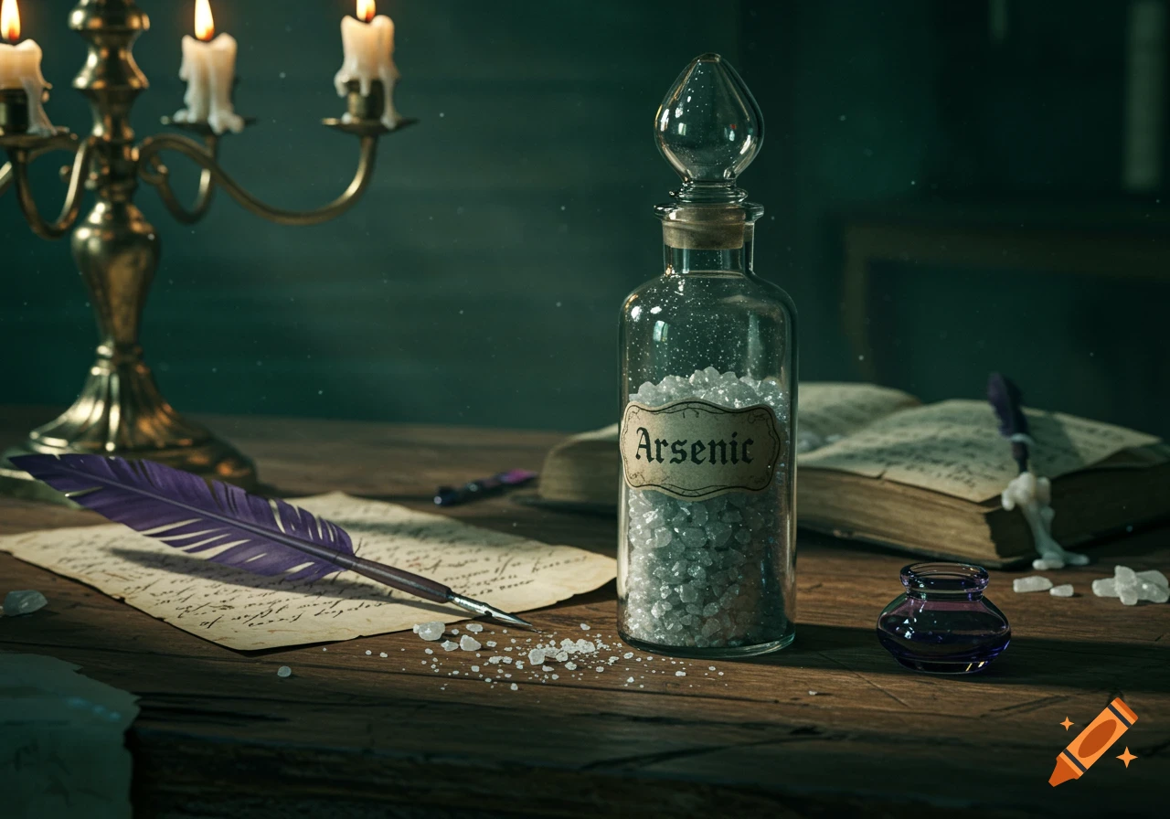 A glass bottle labeled 'Arsenic' filled with white crystals, an inkwell, a purple quill, and burning candles on a dark wooden desk.