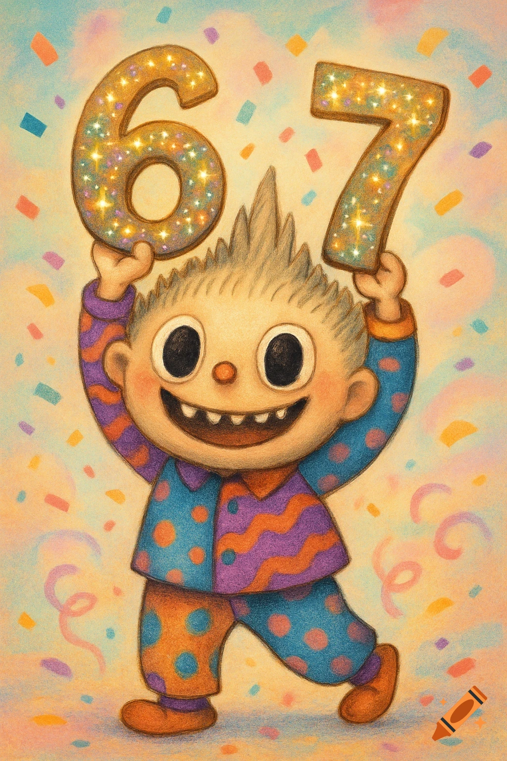 Happy, spikey-haired cartoon character in colorful pajamas holding sparkly "6" and "7" with confetti, in a colored pencil style.