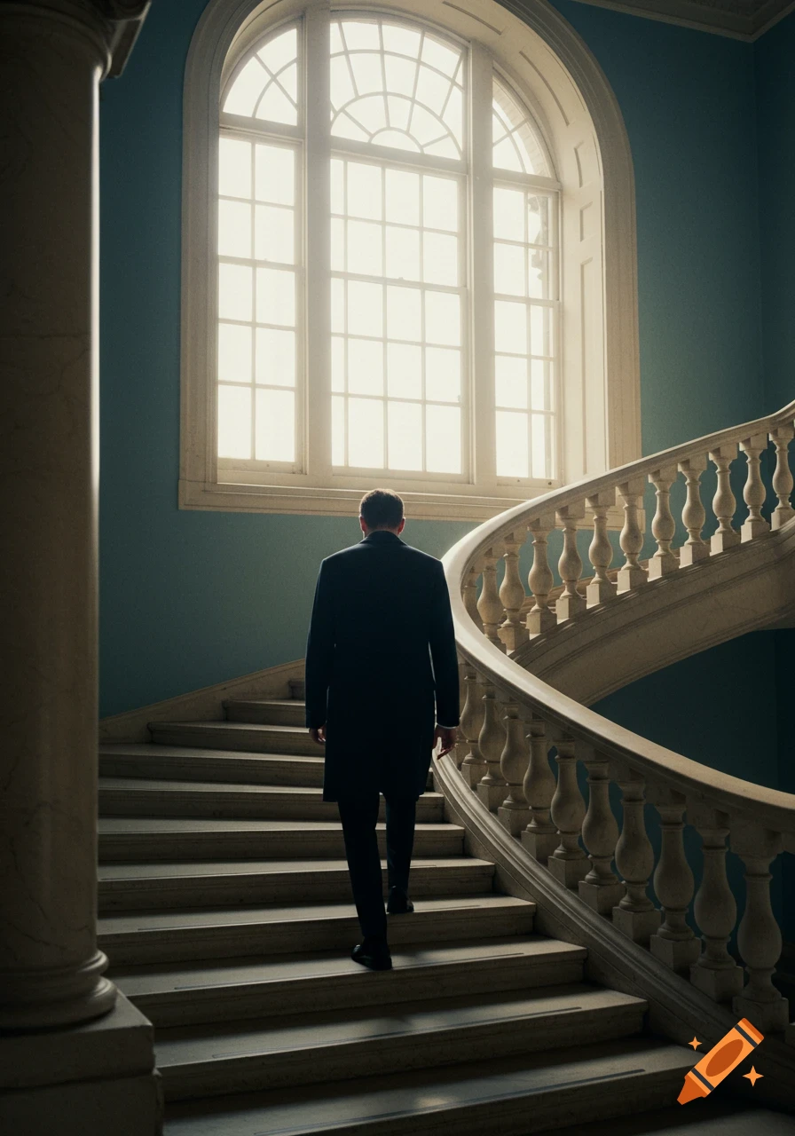A man in a dark coat walks up a grand curved staircase towards a bright arched window in a stately building, photorealistic.