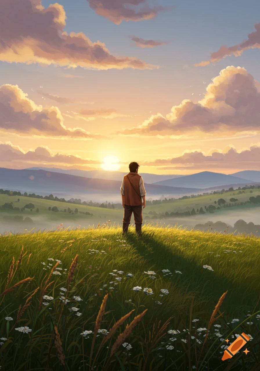 A lone man stands on a grassy hill, facing a radiant sunset over rolling hills and misty valleys in a picturesque, illustrative style.