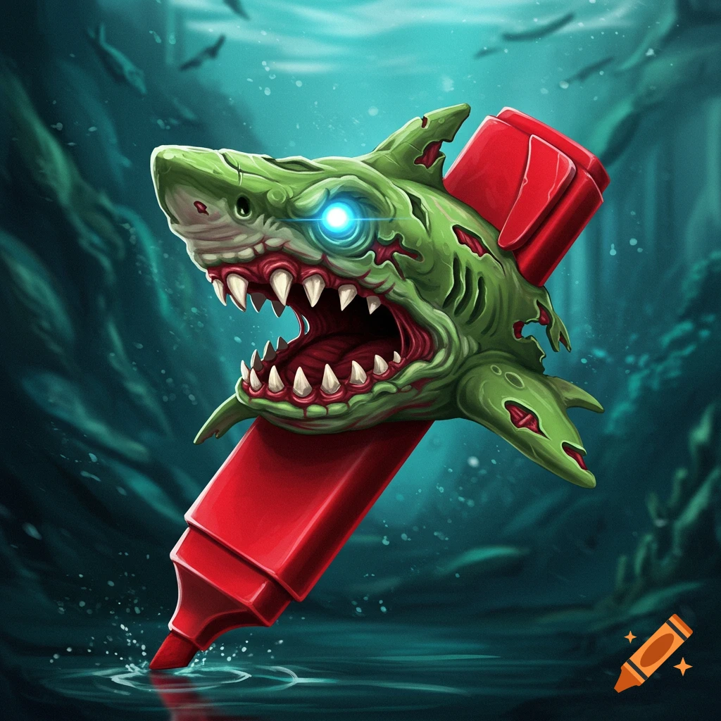 Stylized green zombie shark with a glowing blue eye, formed from a red marker, mouth open, underwater.