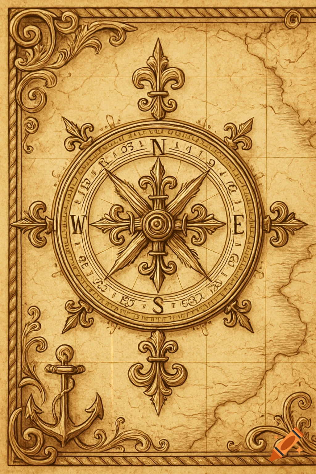 A vintage map illustration featuring an ornate compass rose with cardinal directions, surrounded by decorative filigree and an anchor.