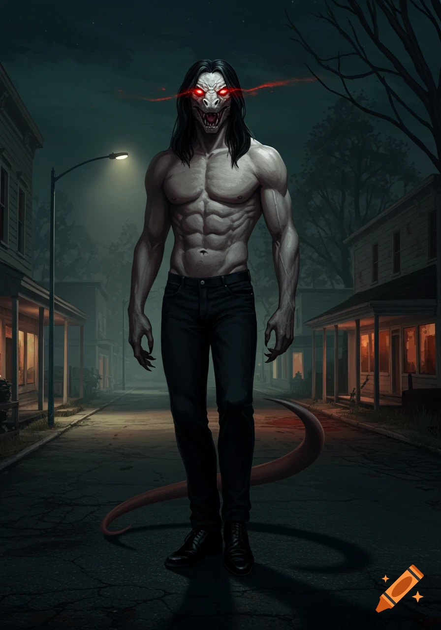 A shirtless reptilian humanoid monster with glowing red eyes and sharp claws, wearing black jeans, stands on a dark street in a creepy small town.