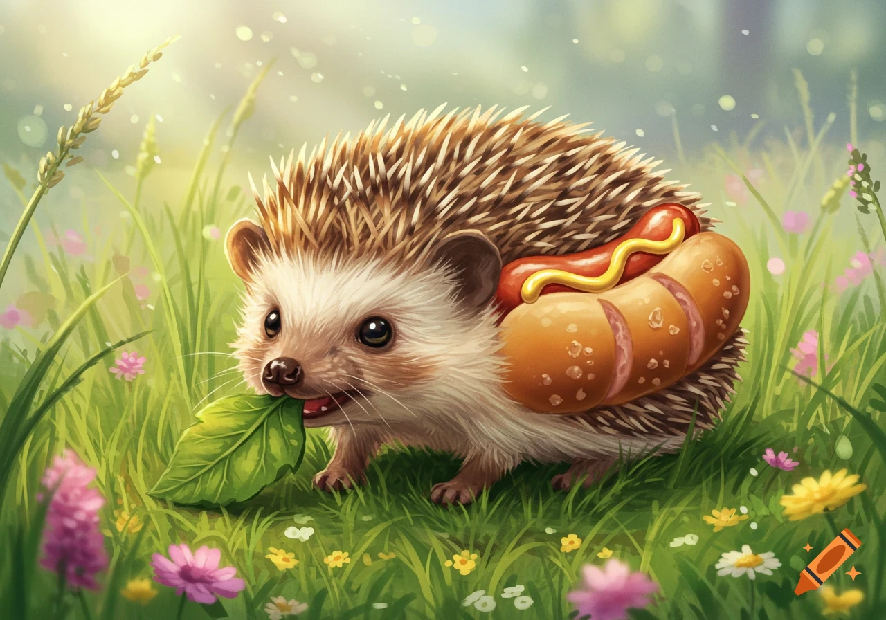 Whimsical illustration of a cute hedgehog holding a leaf in its mouth, with a hotdog on its back, walking through a sunny field of flowers.