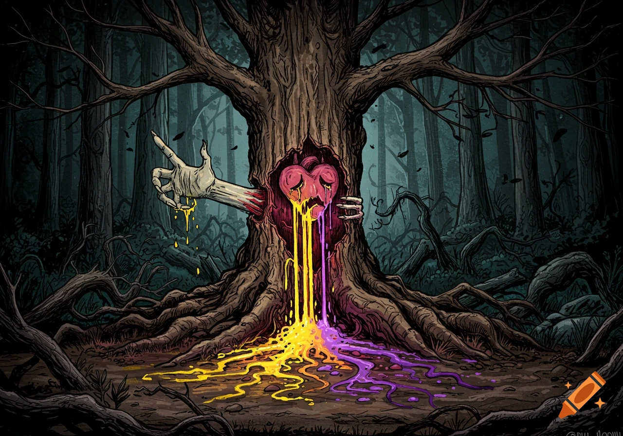 A stylized hand rips a bleeding heart from a dark tree in an eerie forest, with yellow and purple liquid pooling on the ground in a hand-drawn illustration.