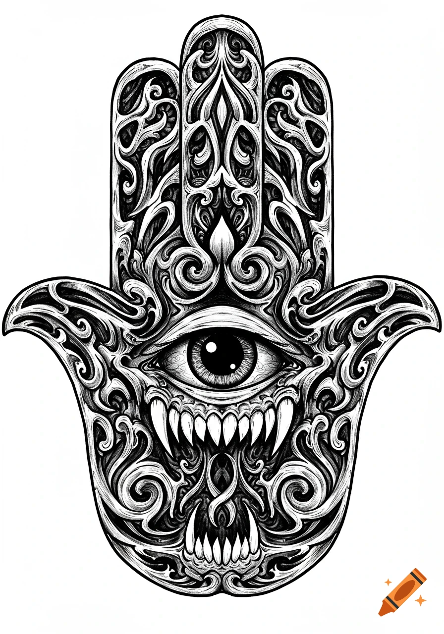 Detailed black and white Hamsa hand tattoo sketch with a central eye and sharp fangs, surrounded by intricate swirling patterns.