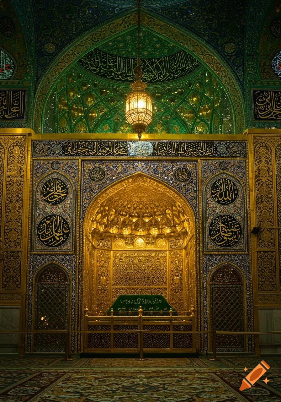 An intricately decorated shrine interior with golden and green accents, featuring ornate Islamic calligraphy and a central illuminated golden archway.
