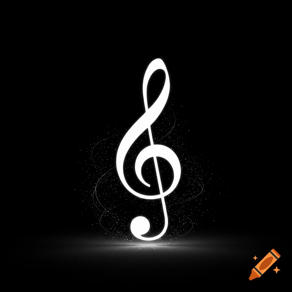 A glowing white treble clef on a dark black background with subtle light particles and reflections.
